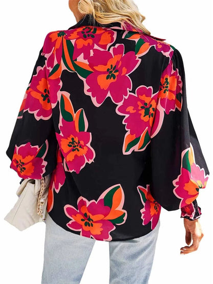 Eleganza Italiana Women s Floral Print V-Neck Button Down Blouse with Puff Sleeves - Stylish Boho Loose Fit Dressy Top for Fall Streetwear high fashion shein amazon temu target Walmart online