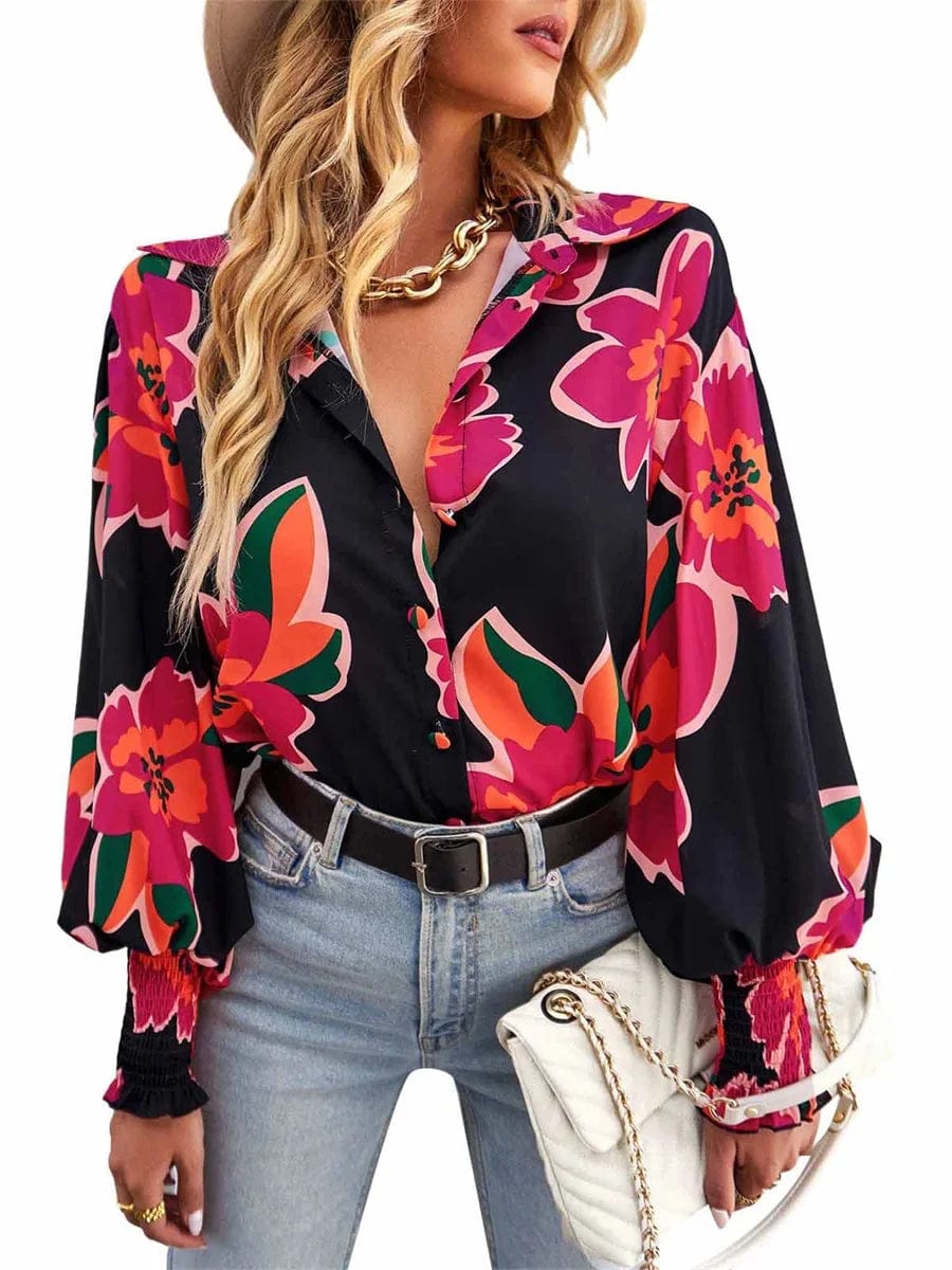 Eleganza Italiana Women s Floral Print V-Neck Button Down Blouse with Puff Sleeves - Stylish Boho Loose Fit Dressy Top for Fall Streetwear high fashion shein amazon temu target Walmart online