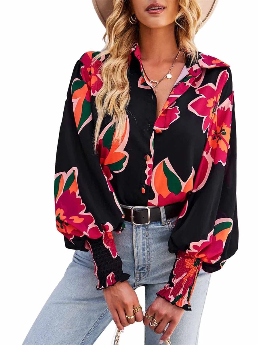 Eleganza Italiana Women s Floral Print V-Neck Button Down Blouse with Puff Sleeves - Stylish Boho Loose Fit Dressy Top for Fall Streetwear high fashion shein amazon temu target Walmart online