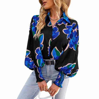 Eleganza Italiana Women s Floral Print V-Neck Button Down Blouse with Puff Sleeves - Stylish Boho Loose Fit Dressy Top for Fall Streetwear high fashion shein amazon temu target Walmart online