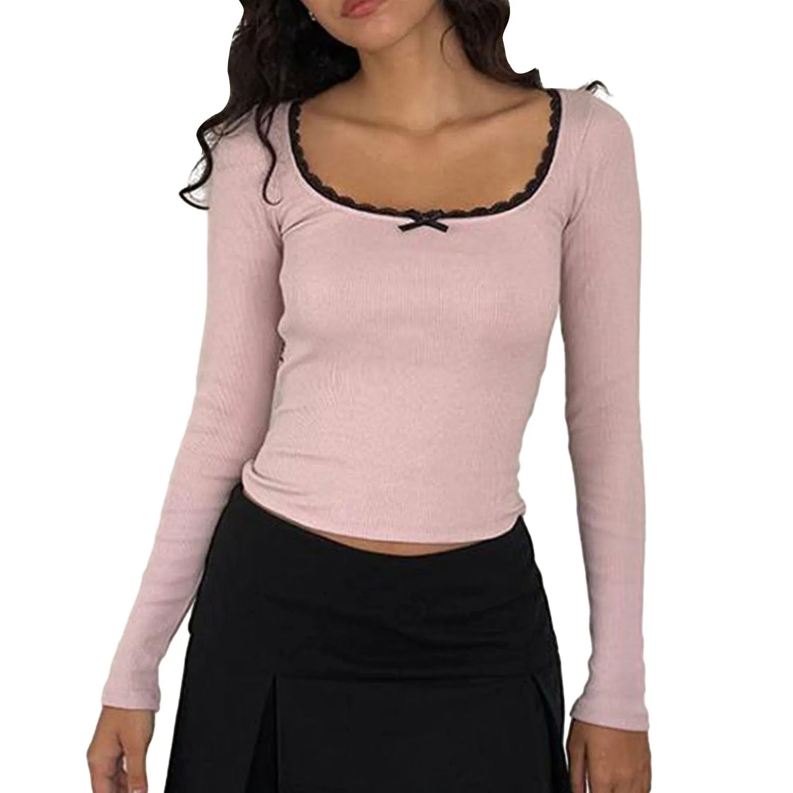 Eleganza Italiana Women Spring Fall Lace Frill Crop Tops Square Neck Long Sleeve Slim Fit T Shirt Kawaii Bow Fashion Tee Tops Fairy Streetwear Streetwear high fashion shein amazon temu target Walmart online