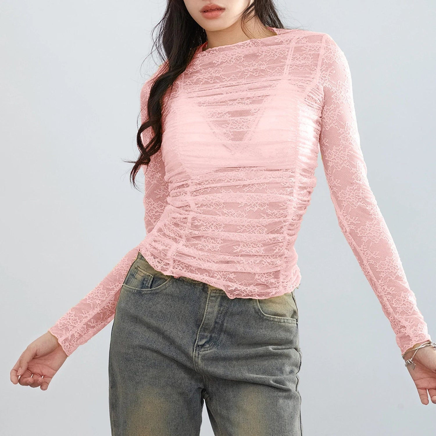 Eleganza Italiana Women Spring Fall Long Sleeve Tops Sheer Floral Lace Ruched Basic T-Shirts Casual Pullover for Club Streetwear Aesthetic Clothes Streetwear high fashion shein amazon temu target Walmart online