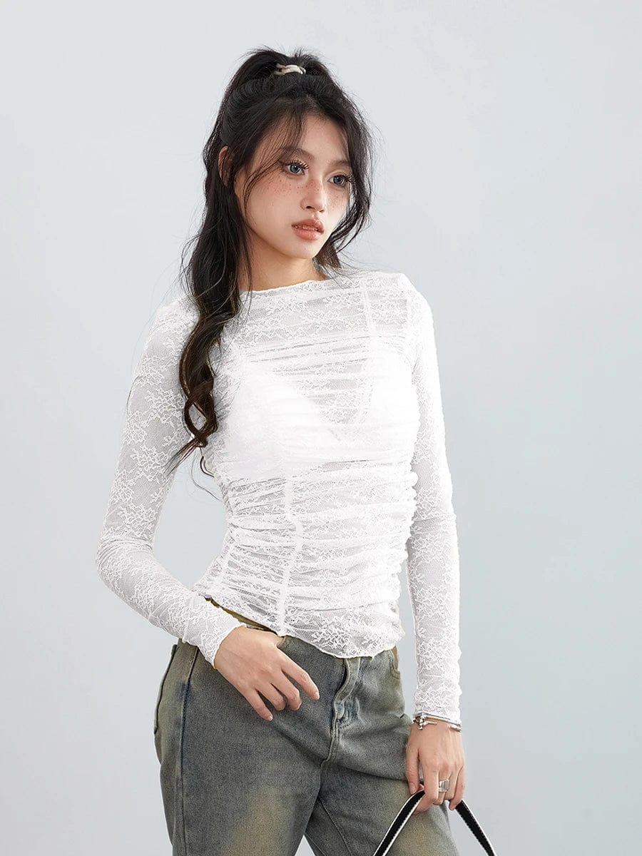 Eleganza Italiana Women Spring Fall Long Sleeve Tops Sheer Floral Lace Ruched Basic T-Shirts Casual Pullover for Club Streetwear Aesthetic Clothes Streetwear high fashion shein amazon temu target Walmart online