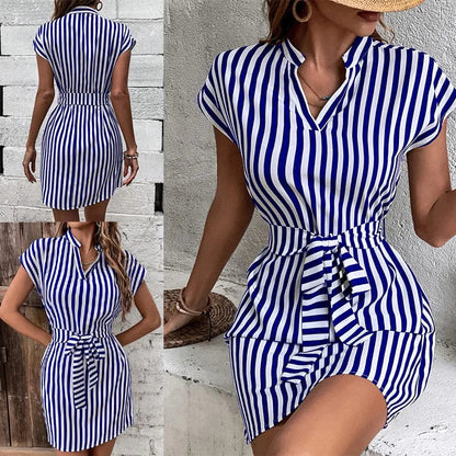 Eleganza Italiana Women Spring Summer Style A-Line Dress Lady Casual Sleeveless Turn-down Collar Striped Printed Dress Vestidos Streetwear high fashion shein amazon temu target Walmart online