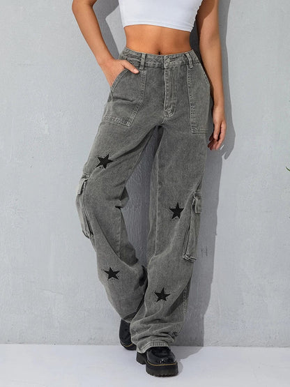 Eleganza Italiana Women Straight Denim Pants Big Pockets Star Print Low Waist Jeans Hip Hop Cargo Pants Fall Spring Long Trousers Streetwear Y2K Streetwear high fashion shein amazon temu target Walmart online