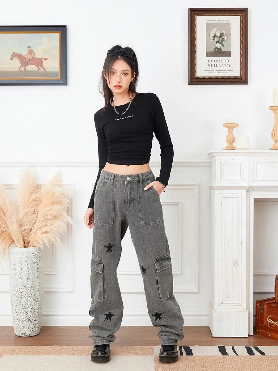 Eleganza Italiana Women Straight Denim Pants Big Pockets Star Print Low Waist Jeans Hip Hop Cargo Pants Fall Spring Long Trousers Streetwear Y2K Streetwear high fashion shein amazon temu target Walmart online