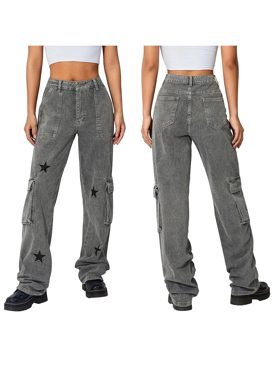 Eleganza Italiana Women Straight Denim Pants Big Pockets Star Print Low Waist Jeans Hip Hop Cargo Pants Fall Spring Long Trousers Streetwear Y2K Streetwear high fashion shein amazon temu target Walmart online