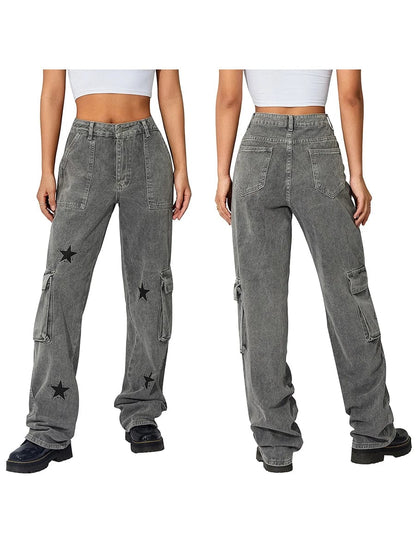 Eleganza Italiana Women Straight Denim Pants Big Pockets Star Print Low Waist Jeans Hip Hop Cargo Pants Fall Spring Long Trousers Streetwear Y2K Streetwear high fashion shein amazon temu target Walmart online