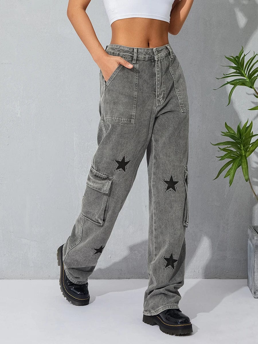 Eleganza Italiana Women Straight Denim Pants Big Pockets Star Print Low Waist Jeans Hip Hop Cargo Pants Fall Spring Long Trousers Streetwear Y2K Streetwear high fashion shein amazon temu target Walmart online