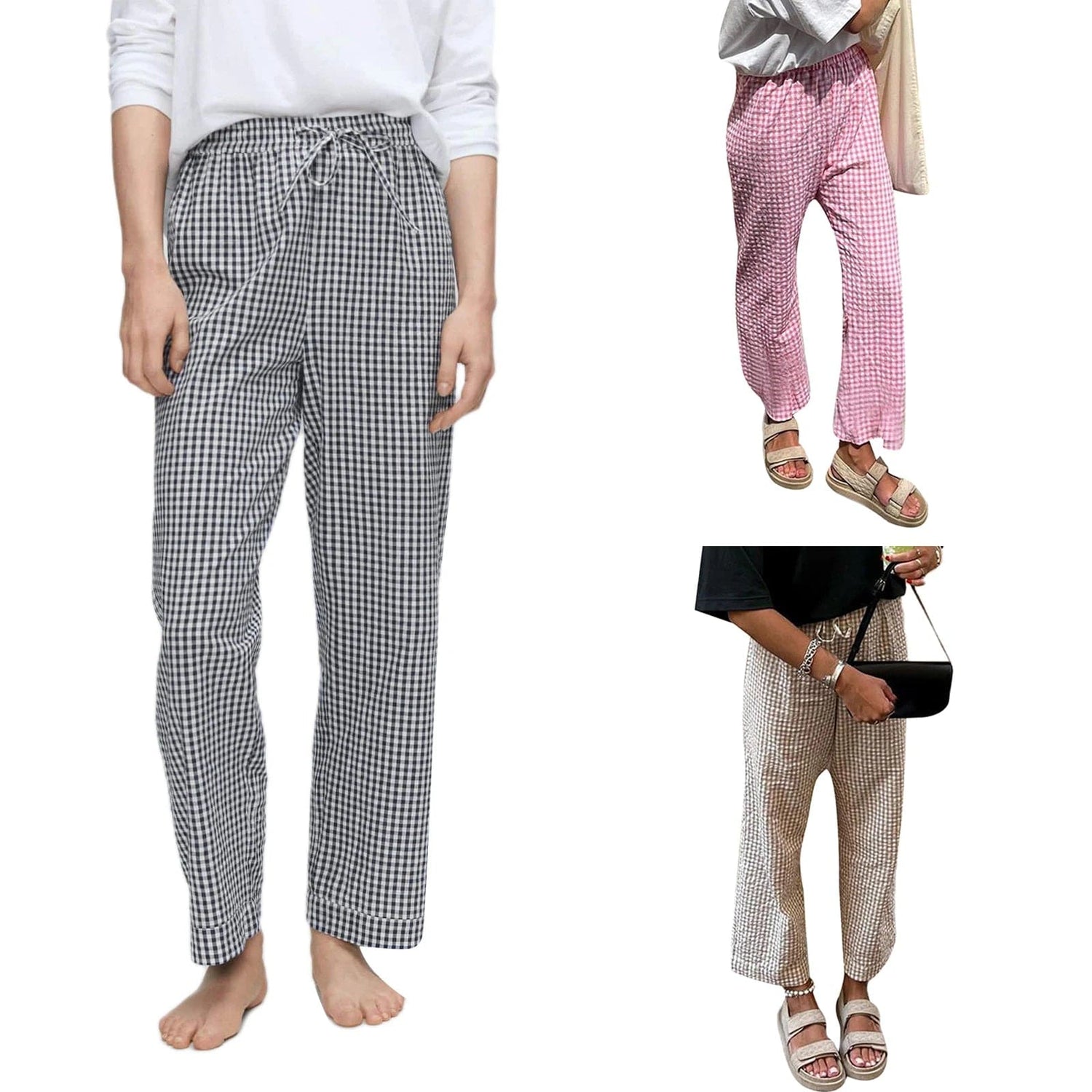 Eleganza Italiana Women Summer Casual Pants Plaid Drawstring High Waist Straight Leg Trousers Y2K Striped Lounge Pants Female Trousers Streetwear Streetwear high fashion shein amazon temu target Walmart online