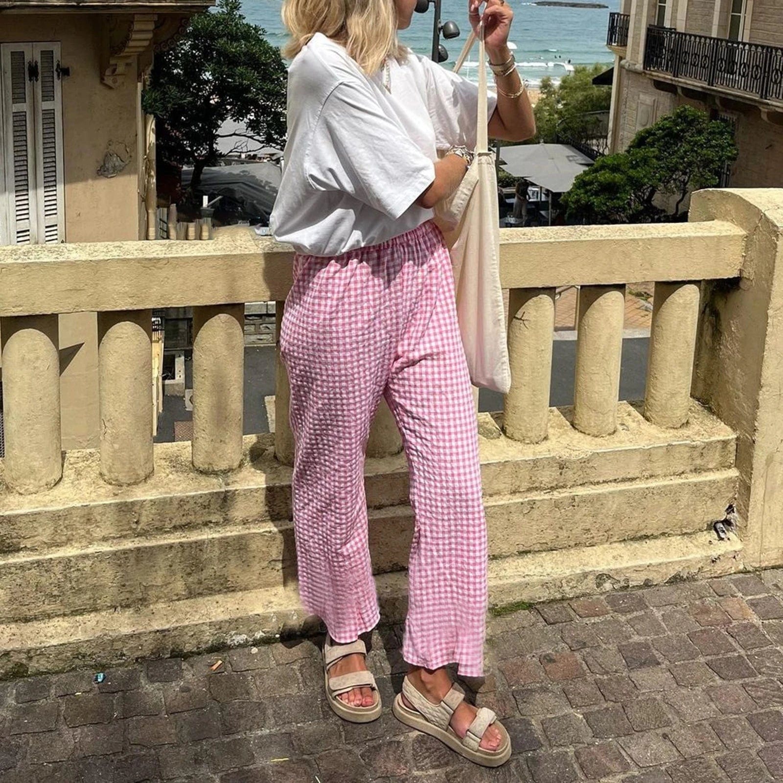 Eleganza Italiana Women Summer Casual Pants Plaid Drawstring High Waist Straight Leg Trousers Y2K Striped Lounge Pants Female Trousers Streetwear Streetwear high fashion shein amazon temu target Walmart online