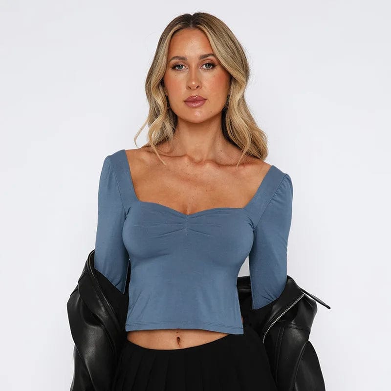 Eleganza Italiana Women Sweetheart Neck Crop Top Long Sleeve Y2k Going Out Shirt Tops Slit Pleated Slim Fit Bustier Cropped Fall T Shirt Streetwear high fashion shein amazon temu target Walmart online