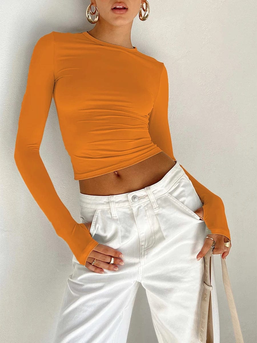 Eleganza Italiana Women T-shirt Long Sleeve Crew Neck Solid Slim Fit Ladies Crop Top with Thumb Holes Harajuku Basics Tees Club Streetwear Fall Streetwear high fashion shein amazon temu target Walmart online