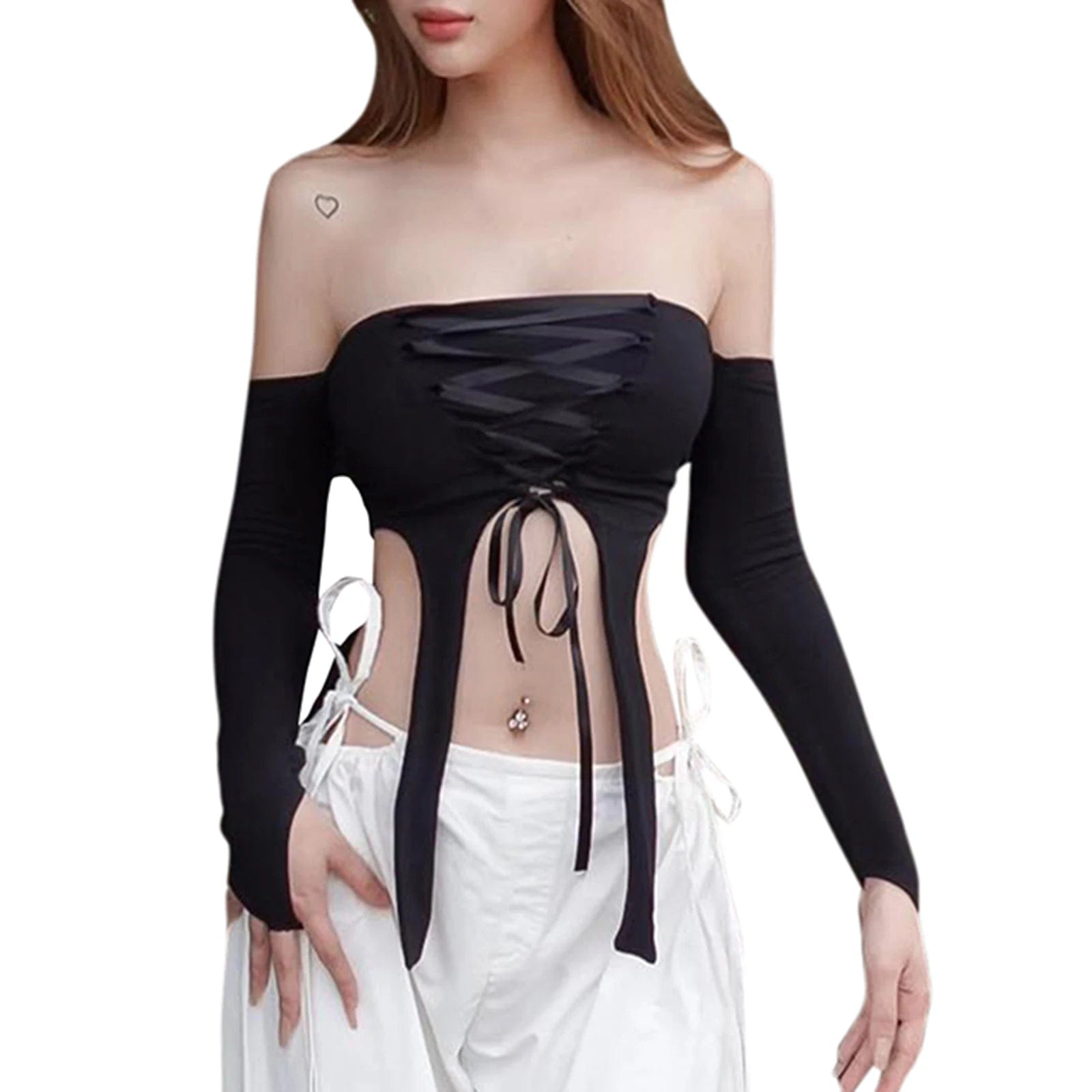 Eleganza Italiana Women T-shirt Long Sleeve Off-shoulder Tops Backless Tie-up Irregular Slim Fit Fall Tops Streetwear high fashion shein amazon temu target Walmart online