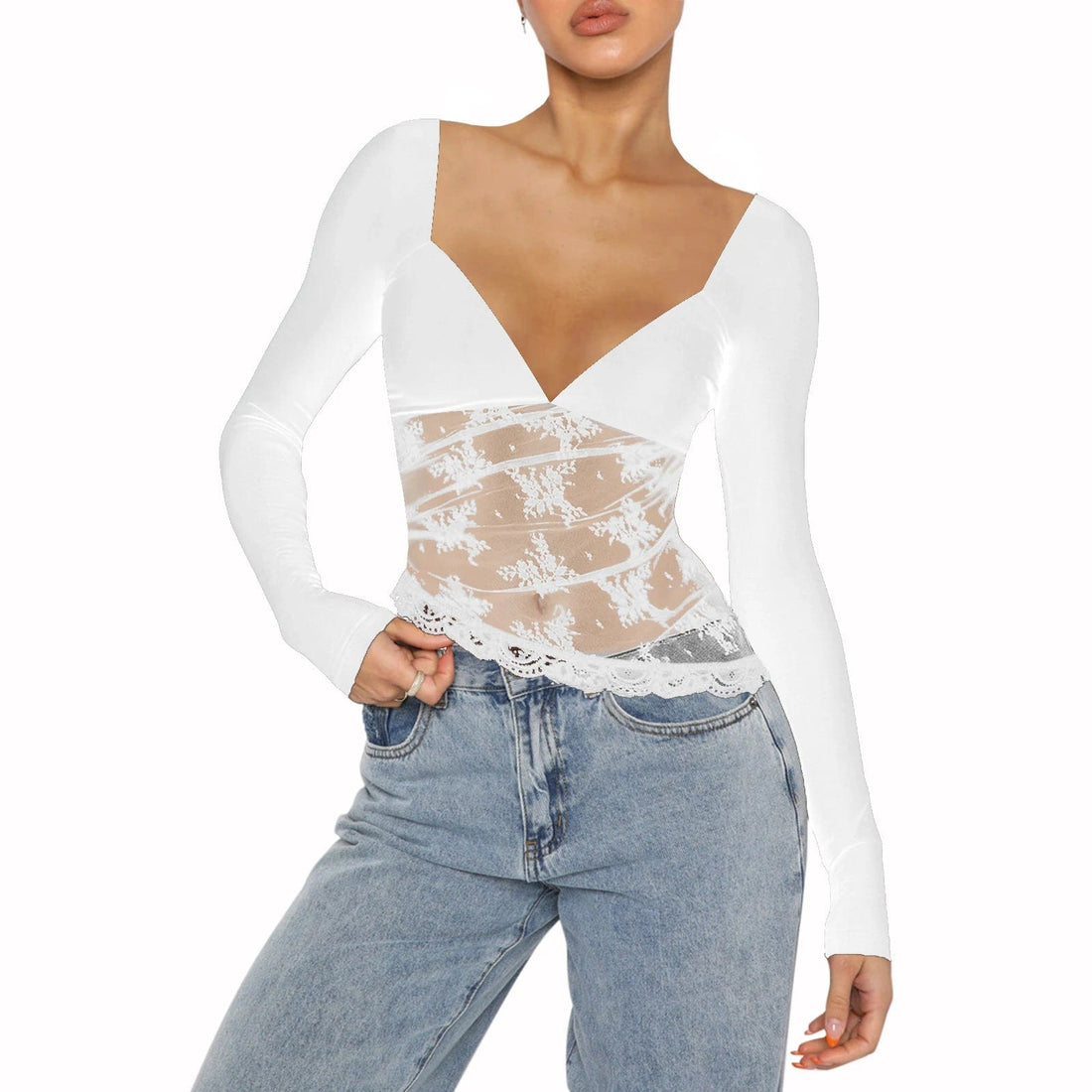 Eleganza Italiana Women T-shirt Long Sleeve V Neck See-through Lace Patchwork Slim Fit Ladies Fall Tops Clubwear Streetwear high fashion shein amazon temu target Walmart online