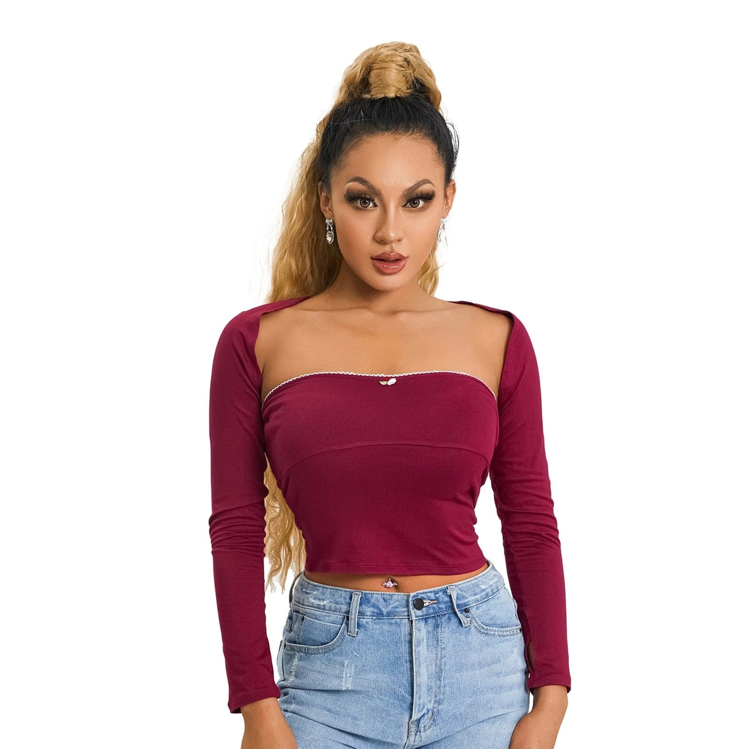 Eleganza Italiana Women Y2k Bolero Crop Tops 2 Piece Slim Fit Long Sleeve Shrug Sleeveless Tube Tops Spring Fall Going Out Streetwear Streetwear high fashion shein amazon temu target Walmart online