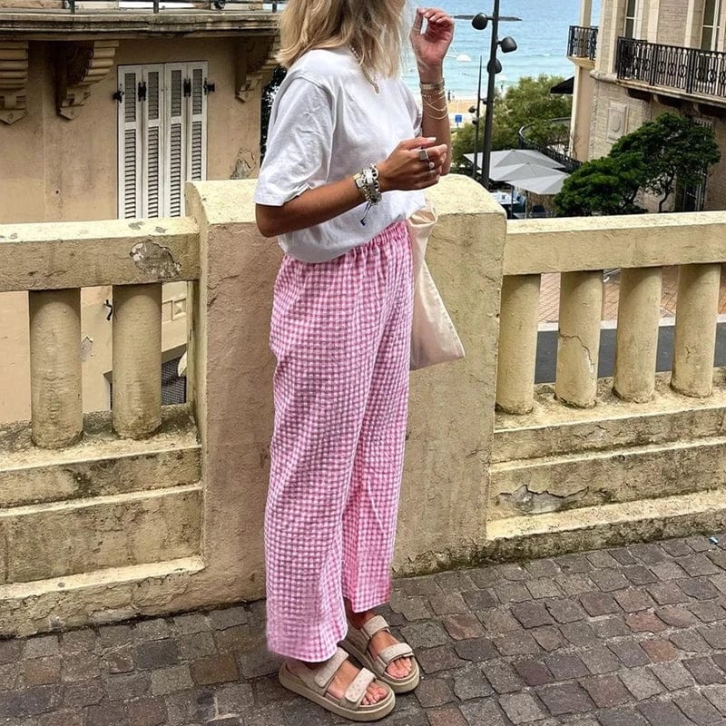 Eleganza Italiana Women Y2K Gingham Print Pants Elastic Waist Dreawstring Wide Leg Trousers Checkered Casual Lounge Pants with Pockets Streetwear Streetwear high fashion shein amazon temu target Walmart online