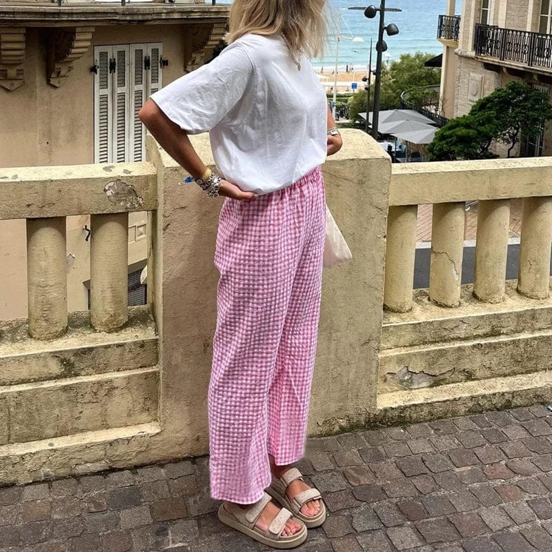 Eleganza Italiana Women Y2K Gingham Print Pants Elastic Waist Dreawstring Wide Leg Trousers Checkered Casual Lounge Pants with Pockets Streetwear Streetwear high fashion shein amazon temu target Walmart online