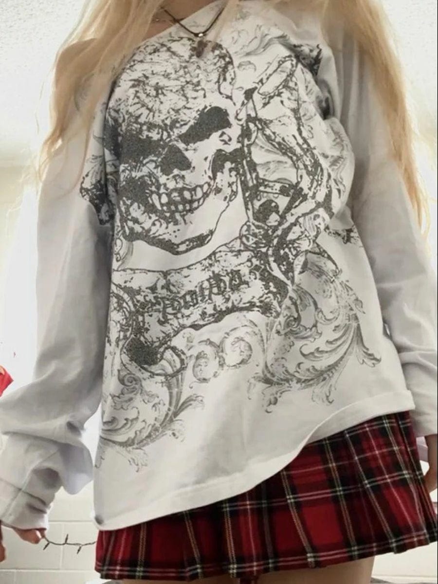 Eleganza Italiana Women Y2K Grunge Fairy Tops Fashion Halloween Long Sleeve Off Shoulder Skull Print Casual Street Party Fall T-Shirt Streetwear high fashion shein amazon temu target Walmart online