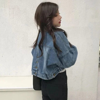 Eleganza Italiana Xpqbb Cropped Denim Jacket Women Korean Fashion Back Split Buttons Up Bomber Jacket Female Lapel Long Sleeve Jeans Coats 2023 Streetwear high fashion shein amazon temu target Walmart online