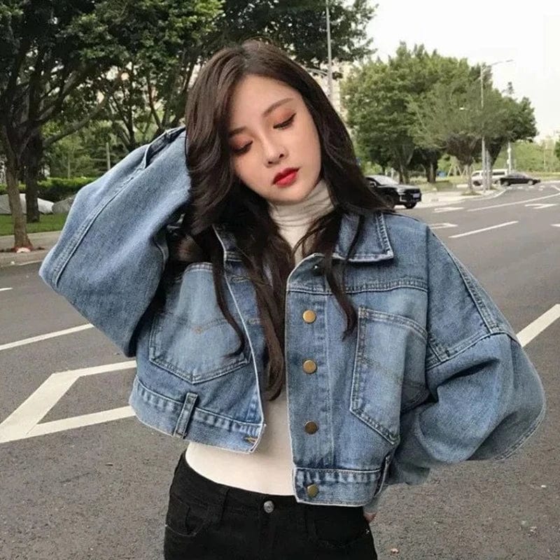 Eleganza Italiana Xpqbb Cropped Denim Jacket Women Korean Fashion Back Split Buttons Up Bomber Jacket Female Lapel Long Sleeve Jeans Coats 2023 Streetwear high fashion shein amazon temu target Walmart online