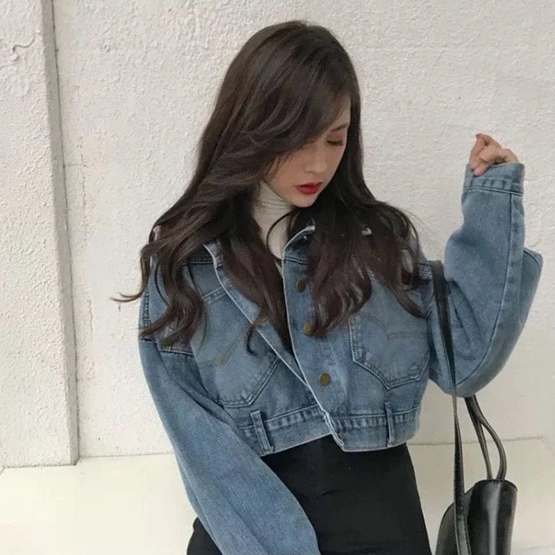 Eleganza Italiana Xpqbb Cropped Denim Jacket Women Korean Fashion Back Split Buttons Up Bomber Jacket Female Lapel Long Sleeve Jeans Coats 2023 Streetwear high fashion shein amazon temu target Walmart online