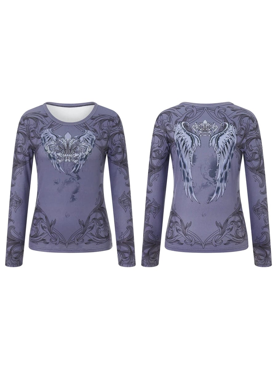 Eleganza Italiana y2k Aesthetic Women Gothic Tops Retro Wings Print Rhinestones Long Sleeve Shirt Casual Pullover for Fall Club Streetwear Streetwear high fashion shein amazon temu target Walmart online