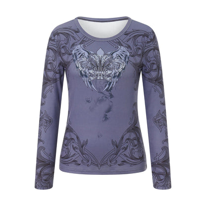 Eleganza Italiana y2k Aesthetic Women Gothic Tops Retro Wings Print Rhinestones Long Sleeve Shirt Casual Pullover for Fall Club Streetwear Streetwear high fashion shein amazon temu target Walmart online