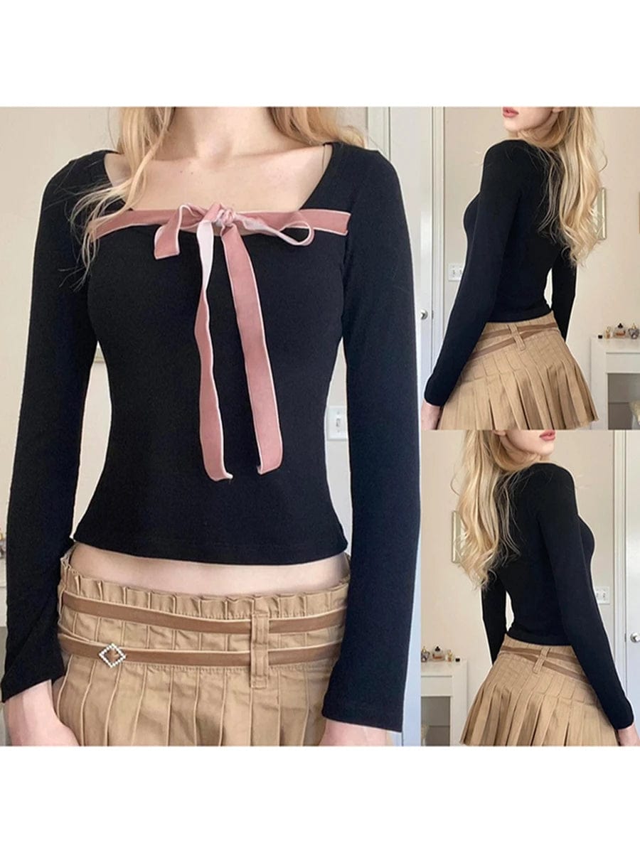 Eleganza Italiana Y2k Fairy Crop Top for Women Tie Up Ribbon Front Long Sleeve Scoop Neck Slim Fit Tops Fall Winter Clothes Partywear Streetwear high fashion shein amazon temu target Walmart online