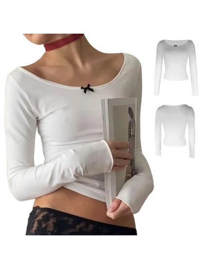 Eleganza Italiana Y2k Going Out Scoop Neck T-Shirts for Women Long Sleeve Slim Fit Blouses Spring Fall Basic Crop Top Streetwear Streetwear high fashion shein amazon temu target Walmart online