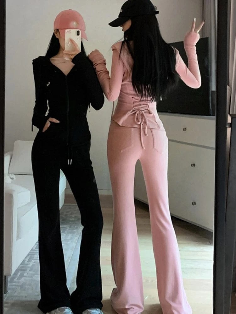 Eleganza Italiana Y2K High Street Two Piece Set Tracksuit Women Hooded Zipper Jacket + Drawstring Wide Leg Pants Korean Fashion Solid Slim Outfits Streetwear high fashion shein amazon temu target Walmart online