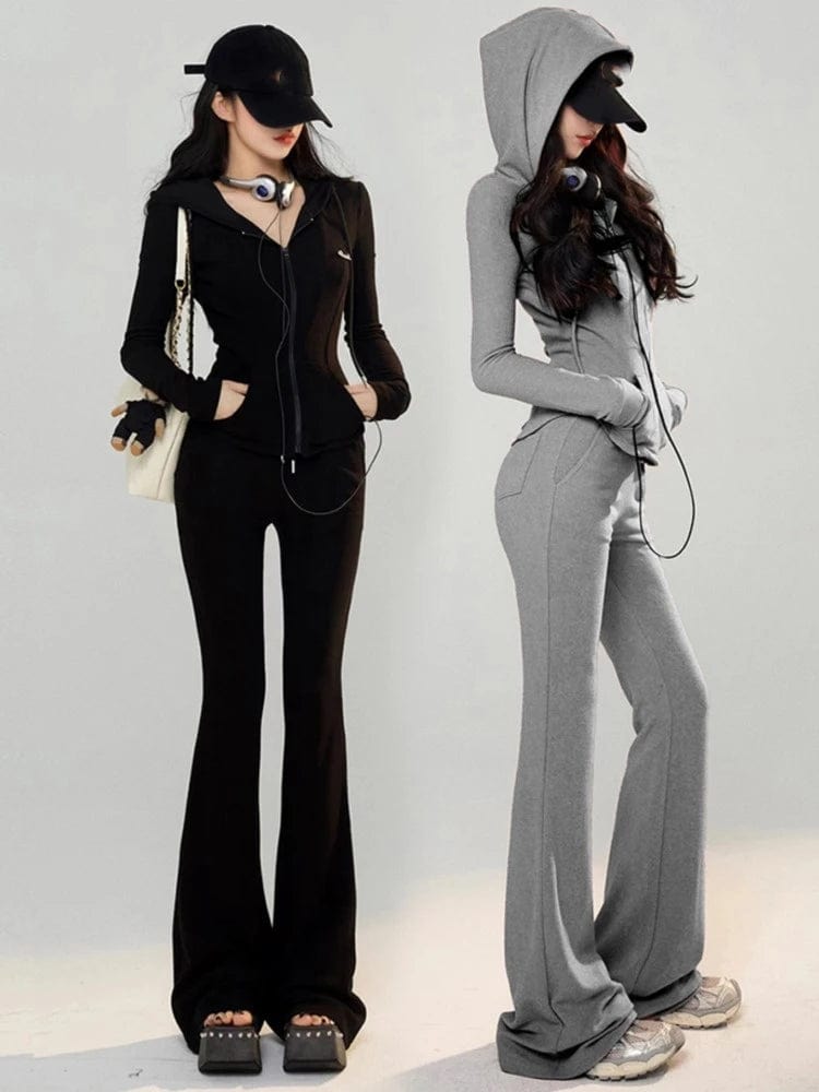 Eleganza Italiana Y2K High Street Two Piece Set Tracksuit Women Hooded Zipper Jacket + Drawstring Wide Leg Pants Korean Fashion Solid Slim Outfits Streetwear high fashion shein amazon temu target Walmart online