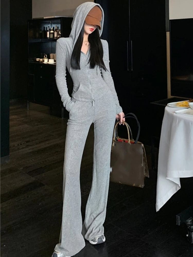 Eleganza Italiana Y2K High Street Two Piece Set Tracksuit Women Hooded Zipper Jacket + Drawstring Wide Leg Pants Korean Fashion Solid Slim Outfits Streetwear high fashion shein amazon temu target Walmart online