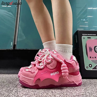 Eleganza Italiana Y2K Korean Fashion Casual Kawaii Pink chunky shoes Platform Sports Sneaker Athletic Flat Board Shoe Tennis Shoes Sneakers Women Streetwear high fashion shein amazon temu target Walmart online