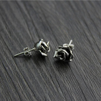 Eleganza Italiana Y2K Metal Stud Earrings Silver Plated Rose Flower Earrings for Women Men&