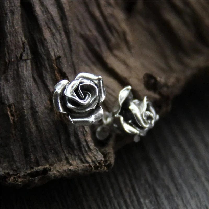 Eleganza Italiana Y2K Metal Stud Earrings Silver Plated Rose Flower Earrings for Women Men&