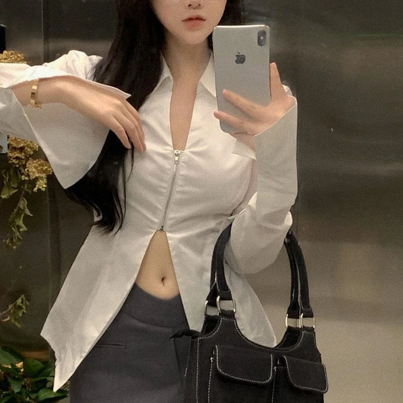 Eleganza Italiana Y2k Sexy Shirts Women Zipper Fashion Streetwear Korean Style New Hotsweet Solid Female Spring Fall Club Mujer Blusas Long Sleeve Streetwear high fashion shein amazon temu target Walmart online