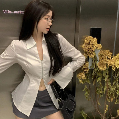 Eleganza Italiana Y2k Sexy Shirts Women Zipper Fashion Streetwear Korean Style New Hotsweet Solid Female Spring Fall Club Mujer Blusas Long Sleeve Streetwear high fashion shein amazon temu target Walmart online