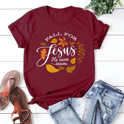 Eleganza Italiana Y2k Short Sleeves Fall for Jesus He Never Leaves Tops Women Fall Shirts Graphic Tees Short Sleeve T-shirt Casual Female Tee Streetwear high fashion shein amazon temu target Walmart online