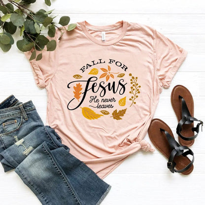 Eleganza Italiana Y2k Short Sleeves Fall for Jesus He Never Leaves Tops Women Fall Shirts Graphic Tees Short Sleeve T-shirt Casual Female Tee Streetwear high fashion shein amazon temu target Walmart online