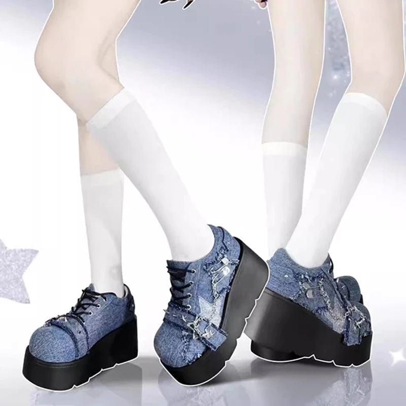 Eleganza Italiana Y2K Star Print Chunky Platform Ankle Boots Women 2023 New Metal Chain Blue Denim Boots Woman Cute Thick Bottom Jk Lolita Shoes Streetwear high fashion shein amazon temu target Walmart online