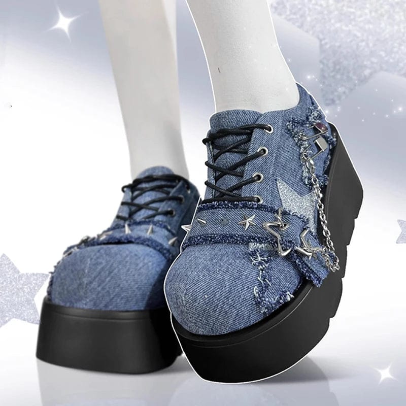 Eleganza Italiana Y2K Star Print Chunky Platform Ankle Boots Women 2023 New Metal Chain Blue Denim Boots Woman Cute Thick Bottom Jk Lolita Shoes Streetwear high fashion shein amazon temu target Walmart online