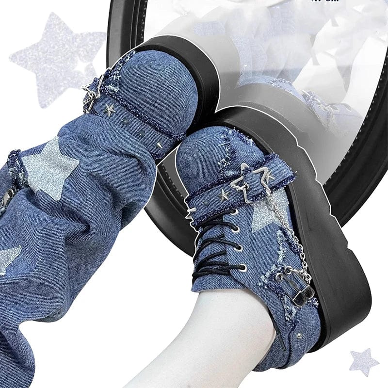 Eleganza Italiana Y2K Star Print Chunky Platform Ankle Boots Women 2023 New Metal Chain Blue Denim Boots Woman Cute Thick Bottom Jk Lolita Shoes Streetwear high fashion shein amazon temu target Walmart online