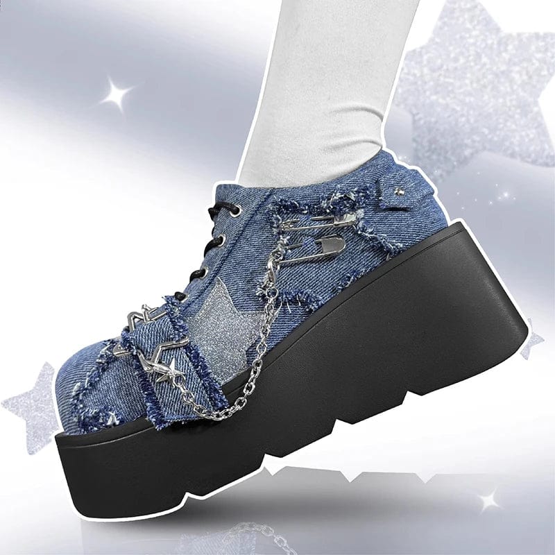 Eleganza Italiana Y2K Star Print Chunky Platform Ankle Boots Women 2023 New Metal Chain Blue Denim Boots Woman Cute Thick Bottom Jk Lolita Shoes Streetwear high fashion shein amazon temu target Walmart online