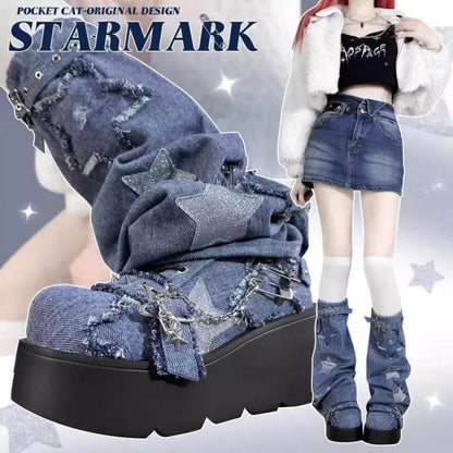 Eleganza Italiana Y2K Star Print Chunky Platform Ankle Boots Women Metal Chain Blue Denim Boots Woman Cute Thick Bottom Jk Lolita Shoes Streetwear high fashion shein amazon temu target Walmart online