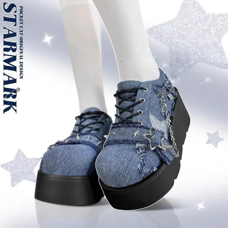 Eleganza Italiana Y2K Star Print Chunky Platform Ankle Boots Women Metal Chain Blue Denim Boots Woman Cute Thick Bottom Jk Lolita Shoes Streetwear high fashion shein amazon temu target Walmart online