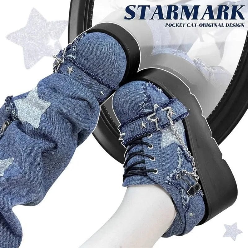 Eleganza Italiana Y2K Star Print Chunky Platform Ankle Boots Women Metal Chain Blue Denim Boots Woman Cute Thick Bottom Jk Lolita Shoes Streetwear high fashion shein amazon temu target Walmart online