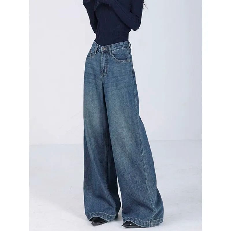 Eleganza Italiana Y2K Style Retro High-waisted Jeans For Women Fall Fashion Wide-leg Jeans Blue Korean High Quality Mom Women&