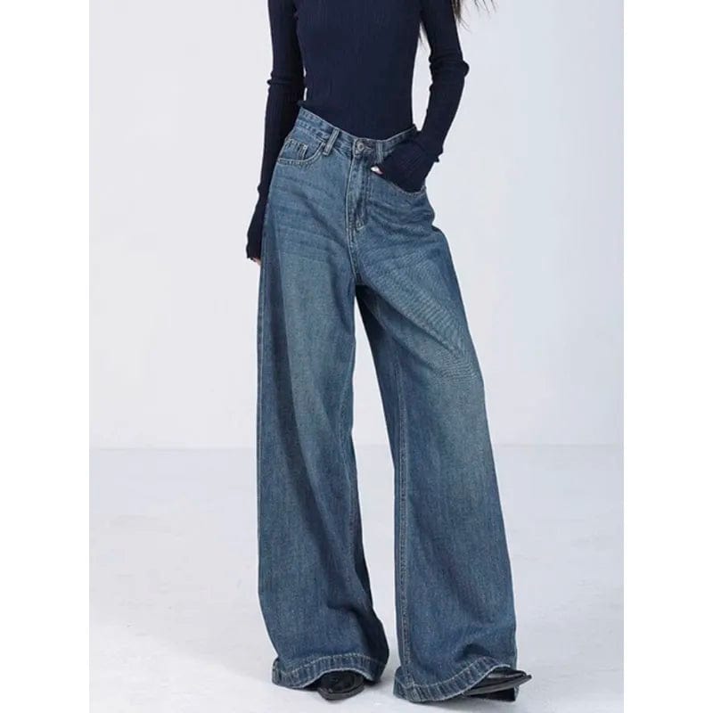 Eleganza Italiana Y2K Style Retro High-waisted Jeans For Women Fall Fashion Wide-leg Jeans Blue Korean High Quality Mom Women&