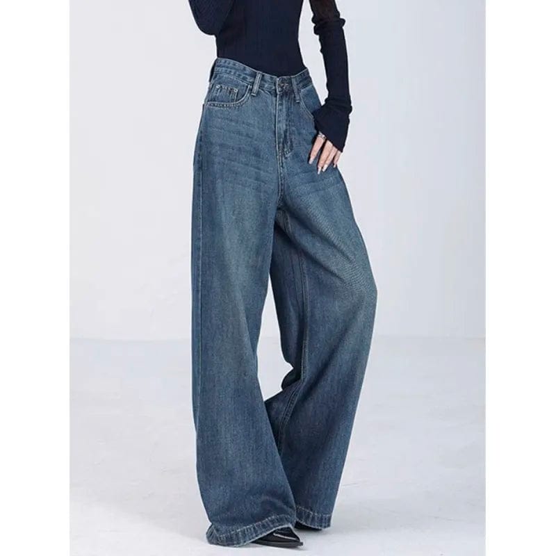 Eleganza Italiana Y2K Style Retro High-waisted Jeans For Women Fall Fashion Wide-leg Jeans Blue Korean High Quality Mom Women&